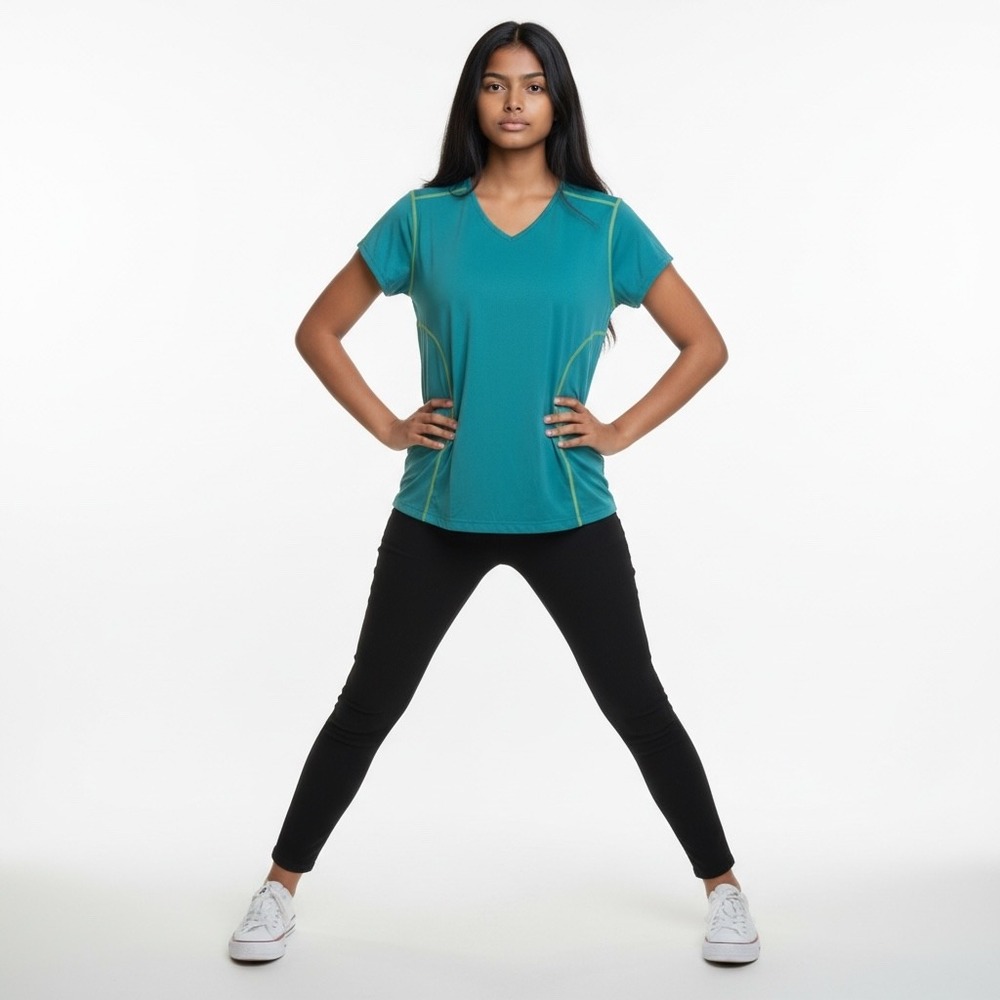 Title Nine Womens Teal Blue V-Neck Active Tee Contrast Stitching Size M